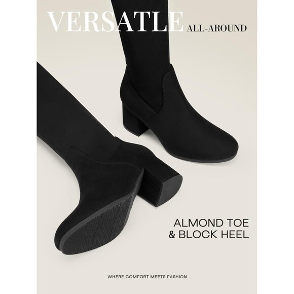 Women's Black Suede Over The Knee Thigh High Chunky Heel Long Stretch Boots - Picture 4 of 8